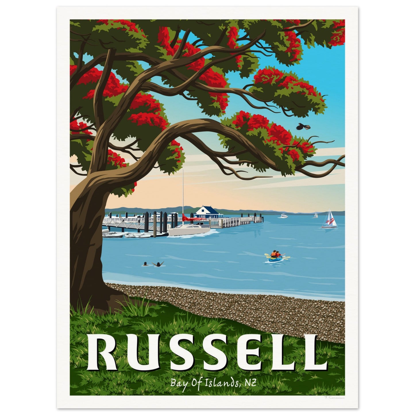 Russell Wharf - Bay of Islands - Travel Poster, New Zealand