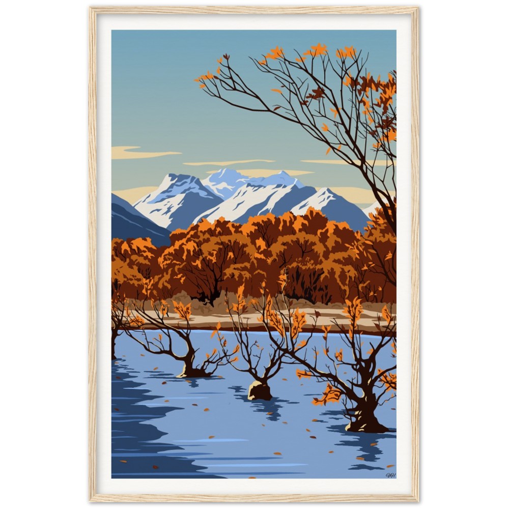 Glenorchy Willow Trees Autumn Travel Poster, New Zealand