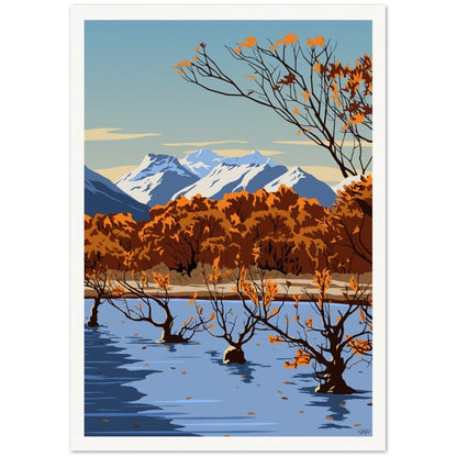 Glenorchy Willow Trees Autumn Travel Poster, New Zealand