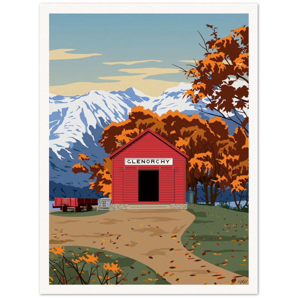 Glenorchy Red Shed Autumn Travel Poster, New Zealand